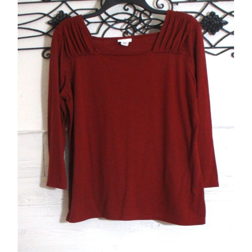Jaclyn Smith Knit Top Women's Size L Long Sleeve Burnt Red Square Neck